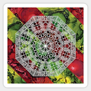 Mandala with Green and Red Ink Painting Sticker